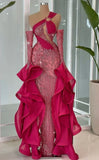 Hot Pink One Shoulder Mermaid Beading Long Evening Dress Party Gowns, HZ0319