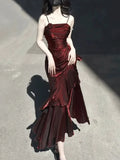 Vintage Burgundy Spaghetti Strap Ruffle Design Elegant A-line Evening Dress Prom Dress HZ0319