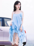 New Fashion Light Blue 3D Flower Spaghetti Strap Irregular Hem Design Summer Party Dress, HZ0319