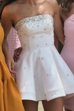 White Strapless A-Line Satin Short Party Dresses Cute Homecoming Dresses, HZ0319