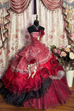 Wine Red Strapless A-Line Lace Floral Long Prom Dress Evening Ball Gown Sweet16 Dress, HZ0319