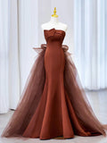 Brown Mermaid Satin Tulle Long Prom Dress, Brown Long Evening Dress HZ0319
