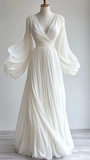 Modest White V Neck A-Line Chiffon Vintage Long Evening Party Dresses, HZ0319