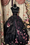 Retro Black Strapless A-Line Chiffon Ruffles Gothic Evening Ball Gowns, HZ0319