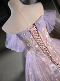 Vintage Light Purple Applique Floral Beaded Off-the-shoulder Design A-line Tulle Party Dress Homecoming Dress HZ0319