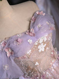 Vintage Light Purple Applique Floral Beaded Off-the-shoulder Design A-line Tulle Party Dress Homecoming Dress HZ0319