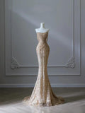 Champagne Gold Mermaid Sequins Beaded Long Evening Party Dresses, HZ0319