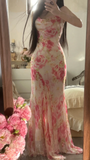 Retro Pink Floral Spaghetti Strap Design Elegant Chiffon Evening Dress Prom Dresses HZ0319