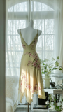 Vintage Light Green Spaghetti Strap Floral Design A-line Romantic Chiffon Evening Dress Prom Dress HZ0319