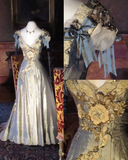 Light Blue V Neck Sleeveless A-Line Appliques Vintage Long Evening Dresses, HZ0319