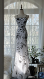 White Spaghetti Straps Mermaid Beaded Vintage Long Evening Party Dresses, HZ0319