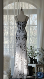 White Spaghetti Straps Mermaid Beaded Vintage Long Evening Party Dresses, HZ0319