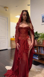 Sexy Burgundy Off Shoulder Sheath Split Long Party Dress Birthday Outfits, HZ0319