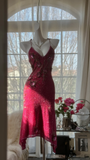 Vintage Shiny Sequin Rose Red Backless Design A-line Romantic Chiffon Evening Dress Prom Dress HZ0319