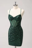 Vintage Dark Green Sequined Design A-line Spaghetti Strap Homecoming Dress, HZ0319