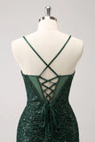 Vintage Dark Green Sequined Design A-line Spaghetti Strap Homecoming Dress, HZ0319