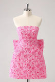 Vintage Rose Pink Bow Design A-line Floral Sleeveless Strapless Homecoming Dress, HZ0319