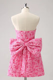 Vintage Rose Pink Bow Design A-line Floral Sleeveless Strapless Homecoming Dress, HZ0319