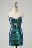 New Fashion Sparkly Teal Blue Ruched Design A-line Bodycon Strapless Short Homecoming Dress, HZ0319