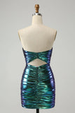 New Fashion Sparkly Teal Blue Ruched Design A-line Bodycon Strapless Short Homecoming Dress, HZ0319