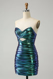 New Fashion Sparkly Teal Blue Ruched Design A-line Bodycon Strapless Short Homecoming Dress, HZ0319
