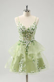 Vintage Mint Green Floral Embroidery Design A-line Spaghetti Strap Homecoming Dress, HZ0319