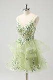 Vintage Mint Green Floral Embroidery Design A-line Spaghetti Strap Homecoming Dress, HZ0319