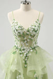 Vintage Mint Green Floral Embroidery Design A-line Spaghetti Strap Homecoming Dress, HZ0319