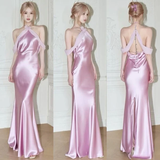Elegant Pink Halter Neck Mermaid Satin Long Party Dress Bridesmaid Dress, HZ0319