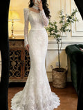 Stunning Wedding Dress Crew Neck Long Sleeves Lace Mermaid Wedding Dress HZ0319