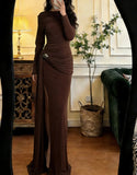 Minimalist Prom Dress Crew Neck Pleated Slit Gala Dress Formal Dress Evening Dress HZ0319