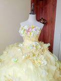 Charming Prom Dress Light Yellow Strapless Floral Ruffle Sweet 16 Dress Quinceanera Dress Ball Gown HZ0319
