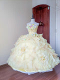 Charming Prom Dress Light Yellow Strapless Floral Ruffle Sweet 16 Dress Quinceanera Dress Ball Gown HZ0319