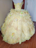 Charming Prom Dress Light Yellow Strapless Floral Ruffle Sweet 16 Dress Quinceanera Dress Ball Gown HZ0319