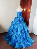 Beauty Prom Dress Blue Strapless Ruffle Tiered Evening Dress Quinceanera Dress Ball Gown HZ0319