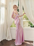 Elegant Pink Halter Neck Mermaid Satin Long Party Dress Bridesmaid Dress, HZ0319