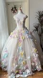 New Arrival Prom Dress Off Shoulder Tulle Pleated Floral Evening Dress Quinceanera Dress Ball Gown HZ0319