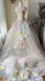 New Arrival Prom Dress Off Shoulder Tulle Pleated Floral Evening Dress Quinceanera Dress Ball Gown HZ0319