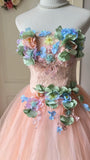 New Arrival Prom Dress Strapless Pleated Floral Tulle Evening Dress Quinceanera Dress Ball Gown HZ0319