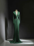 Minimalist Prom Dress Green V-neck Pleated Formal Dress Evening Dresses Wedding Guest Dress HZ0319