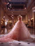 Fairytale Ball Gown Strapless Floral Pleated Tulle Evening Dress Sweet 16 Dress Prom Dresses HZ0319
