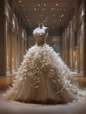 Chic Ball Gown Strapless Floral Pleated Tulle Evening Gown Quinceanera Dress Prom Dresses HZ0319