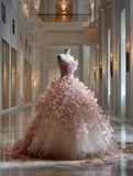 Newest Ball Gown Strapless Floral Pleated Tulle Evening Gown Quinceanera Dress Prom Dresses HZ0319