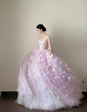 Charming Ball Gown Lialc Strapless Pleated Tulle Floral Prom Dresses Evening Gala Gown Quinceanera Dress HZ0319