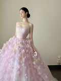 Charming Ball Gown Lialc Strapless Pleated Tulle Floral Prom Dresses Evening Gala Gown Quinceanera Dress HZ0319
