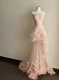 Chic Prom Dress Strapless Pleated Floral Tulle Formal Dresses Gala Gown Evening Dress HZ0319