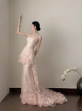 Chic Prom Dress Strapless Pleated Floral Tulle Formal Dresses Gala Gown Evening Dress HZ0319