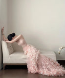 Chic Prom Dress Strapless Pleated Floral Tulle Formal Dresses Gala Gown Evening Dress HZ0319