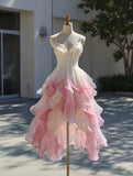 Charming Midi Prom Dress Ombre Spaghetti Straps Pleated Ruffle Formal Dresses Gala Gown Evening Dress HZ0319