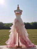 A Line Ombre Prom Dress Spaghetti Straps Pleated Ruffle Formal Dresses Evening Dress Gala Gown HZ0319